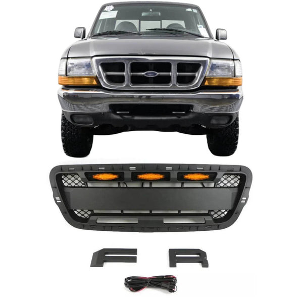 Front Grille Compatible with 2001 2002 2003 Ford Ranger Raptor Style Grill with Letters and LED Lights