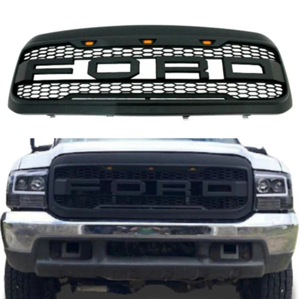 Front Grille Fit for 1999 2000 2001 2002 2003 2004 Ford F250 F350 F450 Grill Super Duty Raptor Style Grill with Letters and LEDs