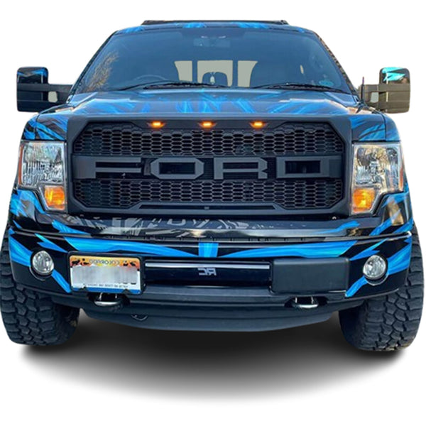 Aftermarket Front Grille for 2009 2010 2011 2012 2013 2014 Ford F150 Raptor Style Grill with Letters and LEDs