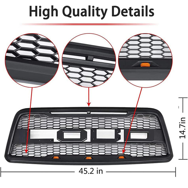 Front Grille for 2004 2005 2006 2007 2008 Ford F150 Grill Raptor Style Black Grill with Letters and 3 Led Lights