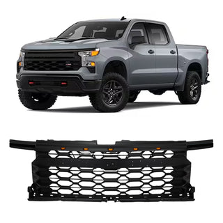 Black Front Grille Fit for 2022 2023 2024 Chevrolet Chevy Silverado 1500 Grill with 5 LED Lights and Letters