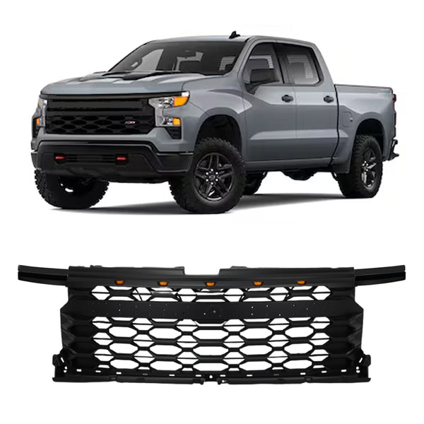 Black Front Grille Fit for 2022 2023 2024 Chevrolet Chevy Silverado 1500 Grill with 5 LED Lights and Letters